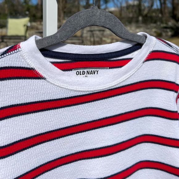 Old Navy White Long-Sleeve, Waffle-Knit Shirt with Red and Navy Stripes - Picture 6 of 11